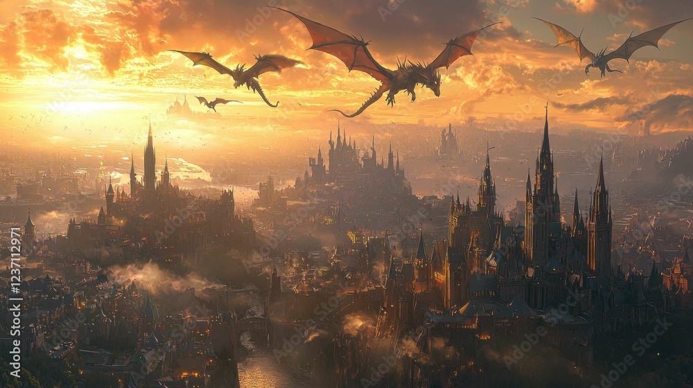 Naklejka premium Majestic Fantasy Landscape with Dragons in the Golden Sky