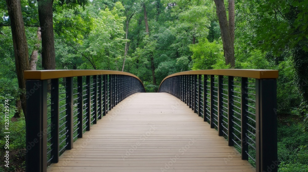 Obraz premium Serene Wooden Bridge Over Tranquil Green Forest Pathway