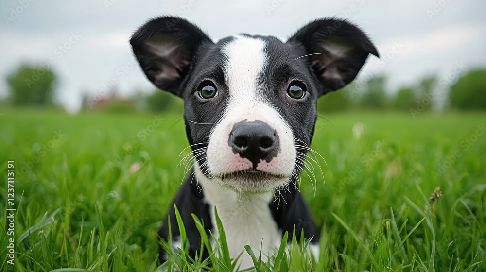 Puppy in green field, looking at camera. Adorable pet Puppy in green field, looking at camera. Adorable pet