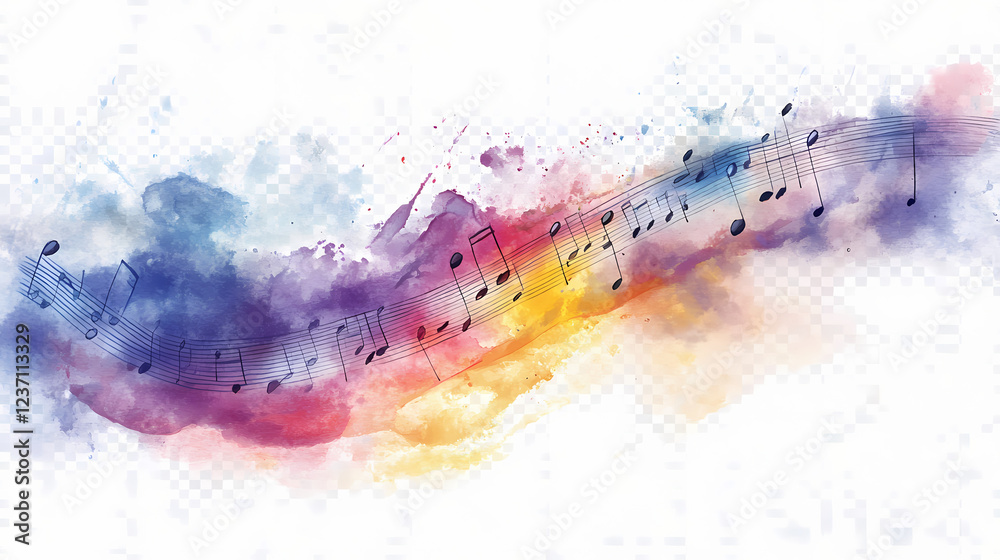 Obraz premium A watercolor illustration depicts a musical staff with notes in pride colors, symbolizing the harmony of diversity, on a transparent background. Watercolor Harmony. Illustration