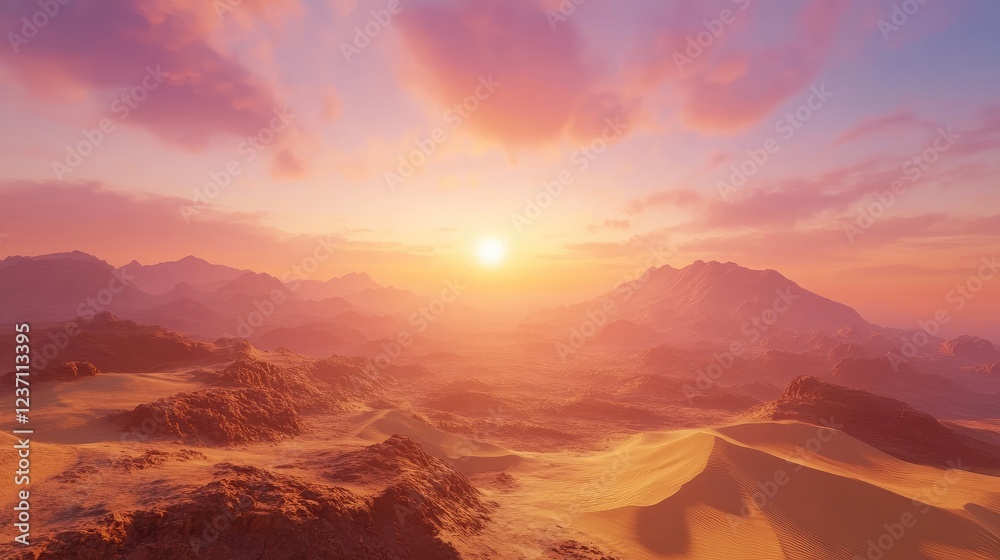 Naklejka premium Desert Landscape Sunset Over Rolling Sands and Mountains