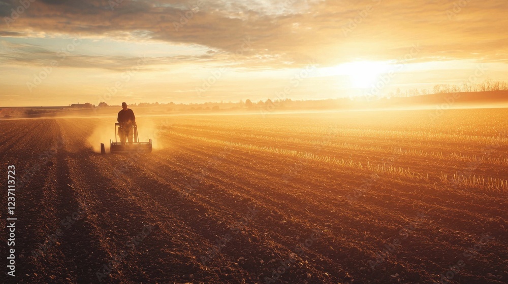 Fototapeta premium Sunset Over Agricultural Field with Farmer Working on Tractor