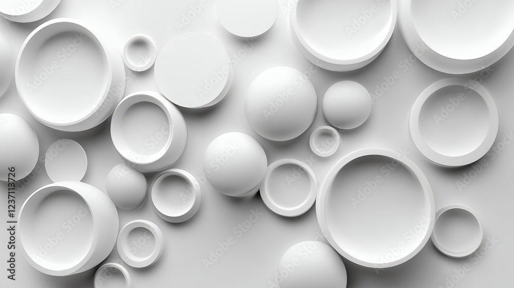 White Circular Shapes Arranged in an Artistic Pattern on a Smooth Surface, Creating a Modern and Minimalist Aesthetic in a Design Studio Setting White Circular Shapes Arranged in an Artistic Pattern on a Smooth Surface, Creating a Modern and Minimalist Aesthetic in a Design Studio Setting