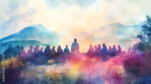 A watercolor scene of the sermon on the mount, with soft pastel colors blending into the background, emphasizing jesus gentle teaching presence. Watercolor Harmony. Illustration