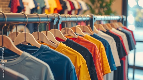 Colorful T-Shirts Hanging on Rack in Clothing Store