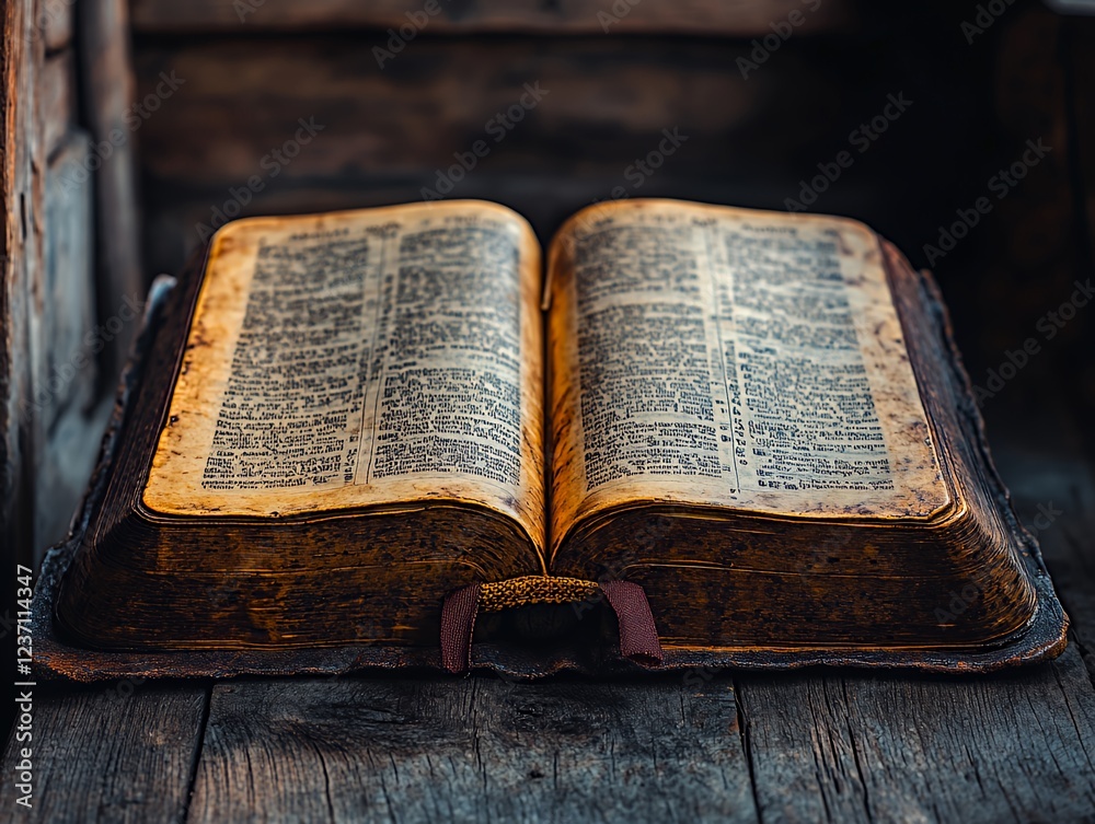 Obraz premium Antique Open Book Resting on a Rustic Wooden Surface With Visible Wear and Historical Significance