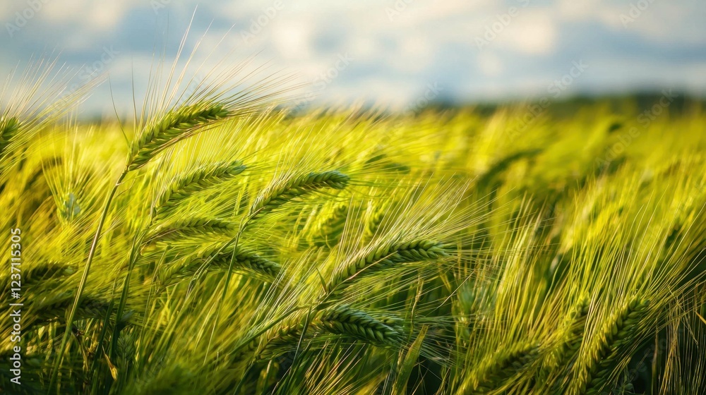 Lush Green Wheat Field Under a Bright Blue Sky and Soft Clouds Lush Green Wheat Field Under a Bright Blue Sky and Soft Clouds