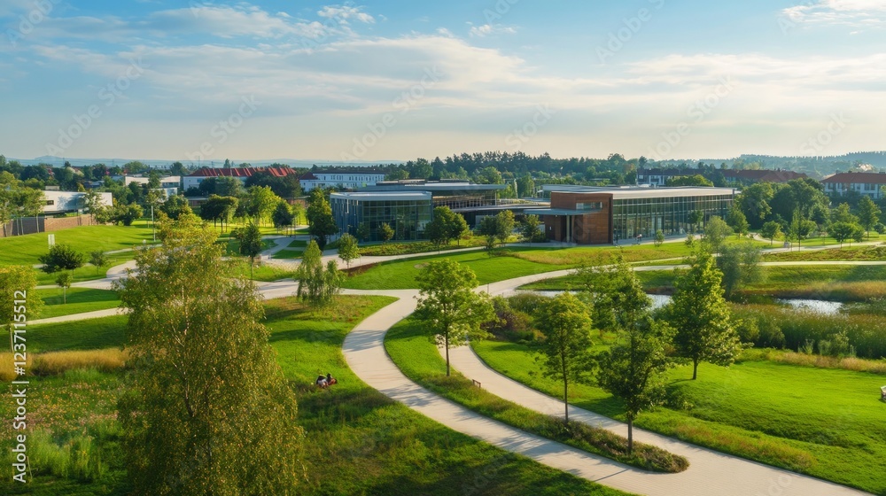 Scenic Aerial View of Modern Architecture Surrounded by Lush Greenery Scenic Aerial View of Modern Architecture Surrounded by Lush Greenery