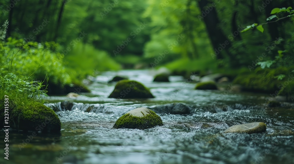 Fototapeta premium Tranquil Forest Stream Lush Green Foliage, Mossy Rocks, and Peaceful Water Scene