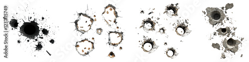 Bullet holes isolated on transparent background, PNG, Set of