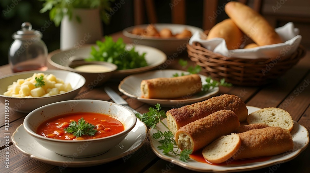 A rustic table setting with bowls of food, including soup, vegetables, bread, and cheese, with plants in the background A rustic table setting with bowls of food, including soup, vegetables, bread, and cheese, with plants in the background