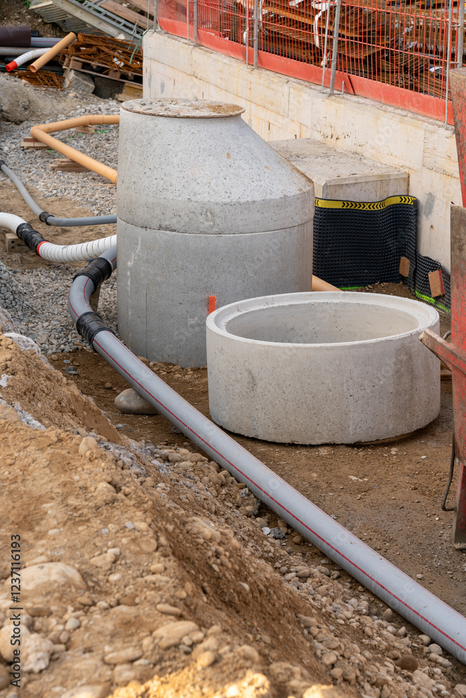 Concrete sewer conduit with several pipes going to it on a construction site. Concrete sewer conduit with several pipes going to it on a construction site.