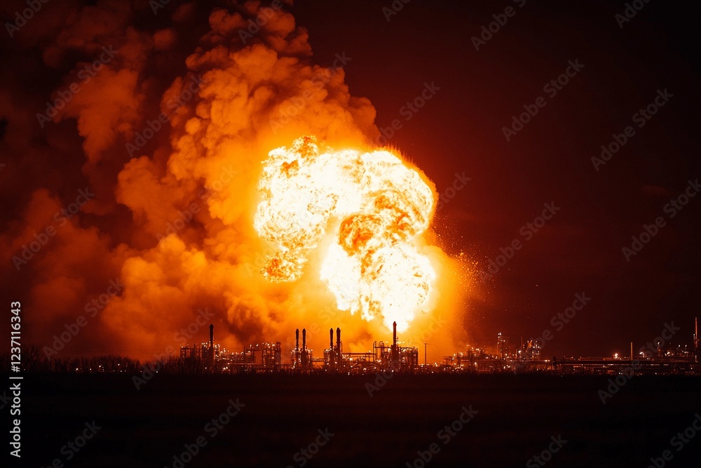Fototapeta premium Massive explosion lights up the night sky over industrial landscape in fiery spectacle