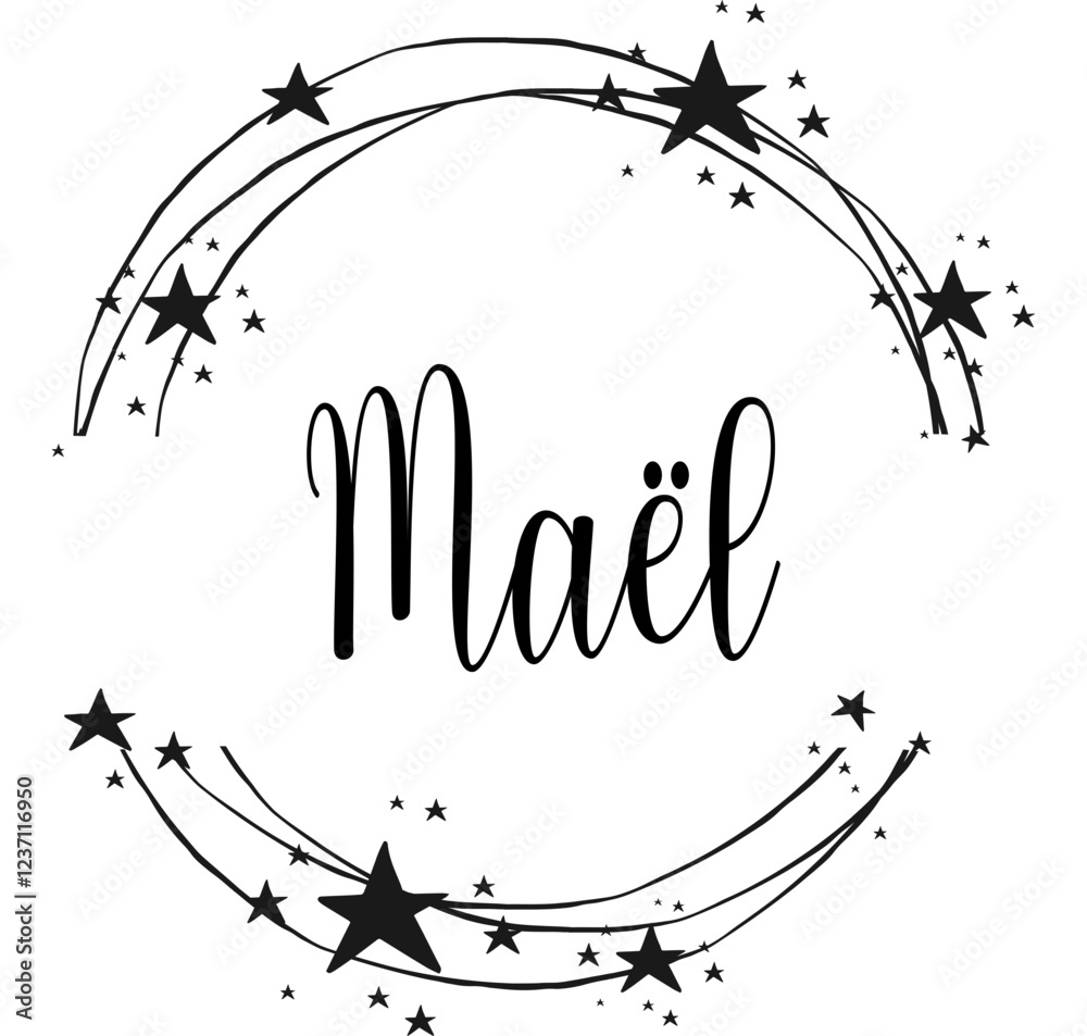Obraz premium Maël - name written between circles and stars, round logo, vector graphics for parties and Christmas period, banners, cards, sweatshirt, prints, cricut, silhouette, sublimation