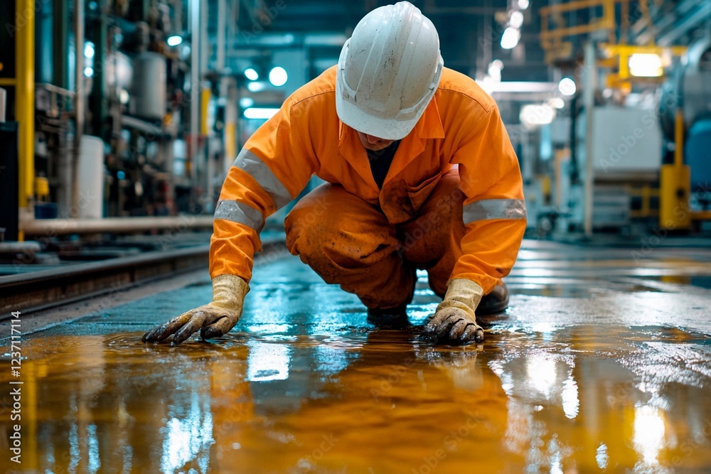 Worker examines spilled liquid on factory floor during nighttime operations Worker examines spilled liquid on factory floor during nighttime operations
