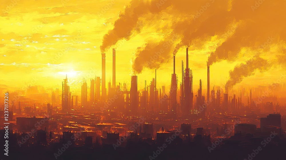 Fototapeta premium Industrial Cityscape Sunset Smog Pollution