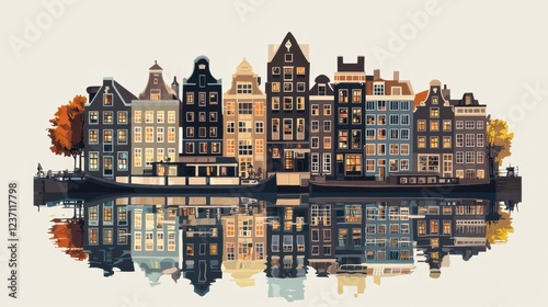 Colorful European buildings reflecting in serene water landscape