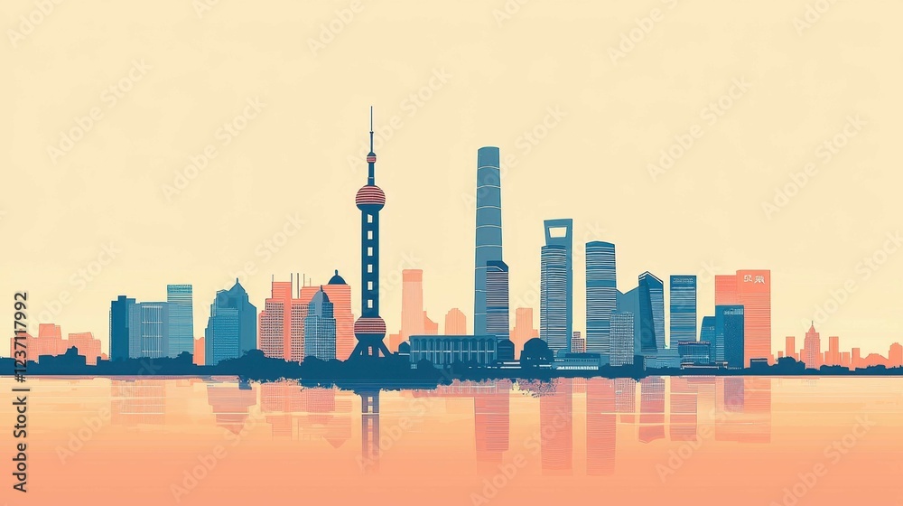 Obraz premium Modern skyline of Shanghai with iconic towers and reflections