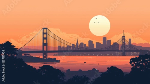 Golden Gate Bridge at Sunset with Silhouette City Skyline