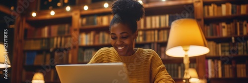 smiling Black woman in bright wood library typing on laptop while wearing cozy yellow sweater under ambient lights concept of scholarship tutoring marketing