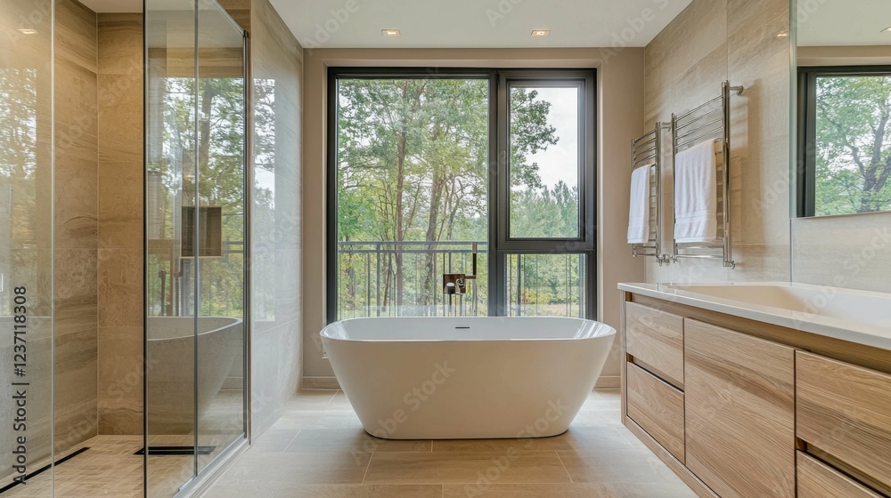 Fototapeta premium Modern Bathroom Interior with Soaking Tub and Large Windows