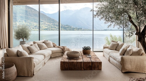 A modern living room with oversized windows overlooking a tranquil lake