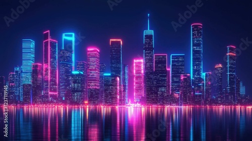 Futuristic City Skyline with Vibrant Neon Lights at Night
