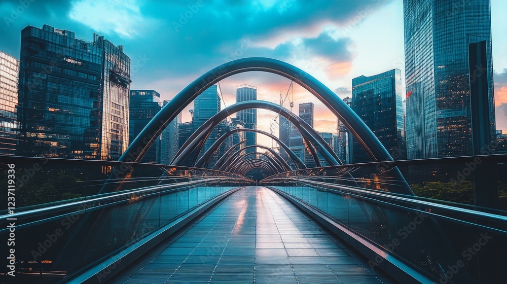 Obraz premium Modern Bridge with Cityscape in Background at Sunset Reflection