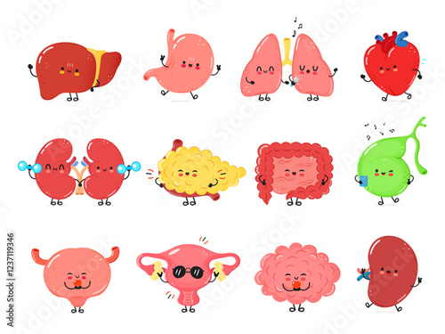 Happy Human Internal Organs Cute Cartoon Organ Characters in a Cheerful Illustration Set