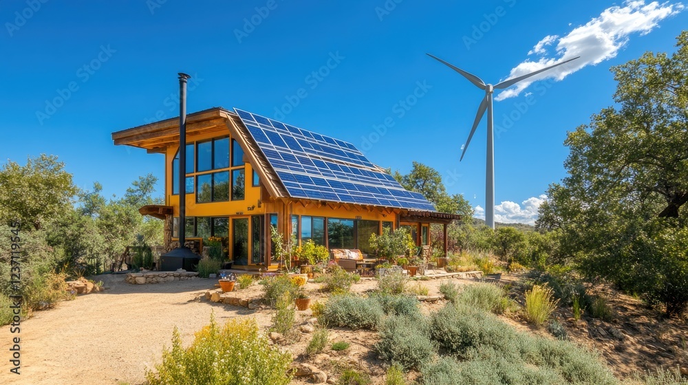 Sustainable Off Grid Home With Solar Panels And Wind Turbine Sustainable Off Grid Home With Solar Panels And Wind Turbine