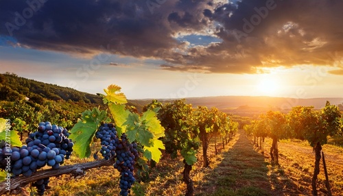 vine grapes on vineyard in sunset light