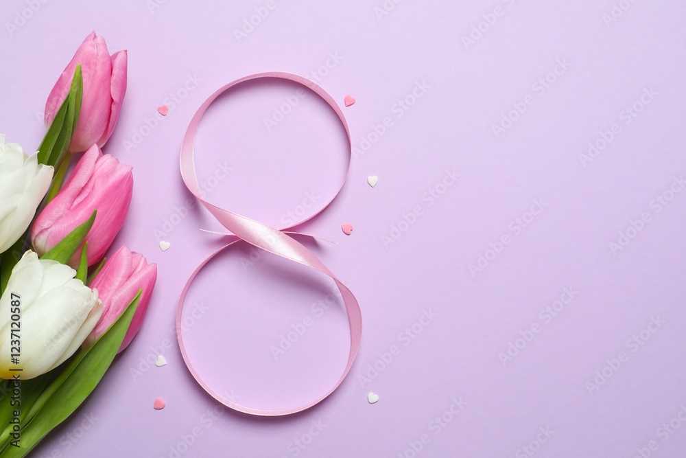 8 March greeting card design with tulip flower, top view. Happy International Women's Day 8 March greeting card design with tulip flower, top view. Happy International Women's Day