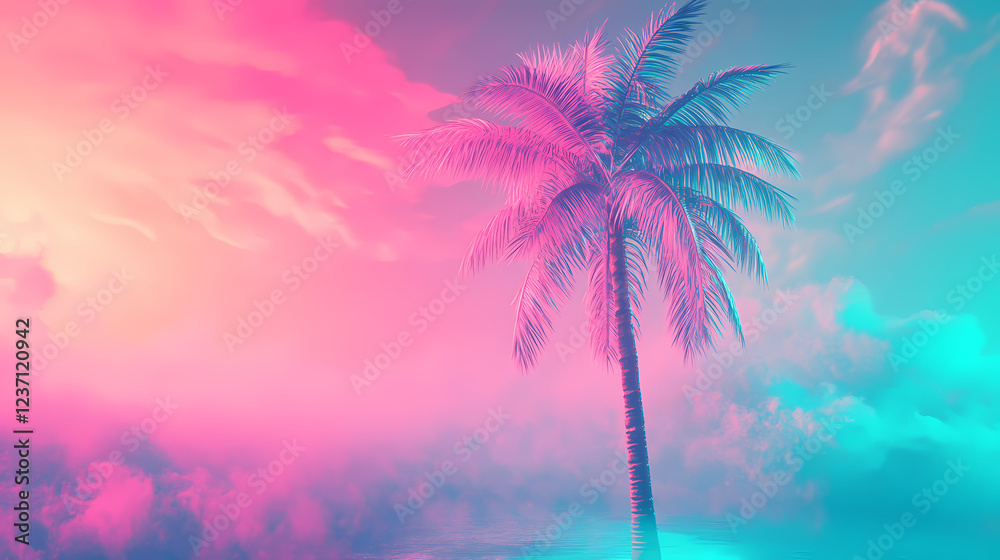 Obraz premium Stylish vaporwave palm tree in neon pink and turquoise , vaporwave, stylish, palm tree, neon, pink, turquoise, trendy, aesthetic. Vaporwave Neon. Illustration