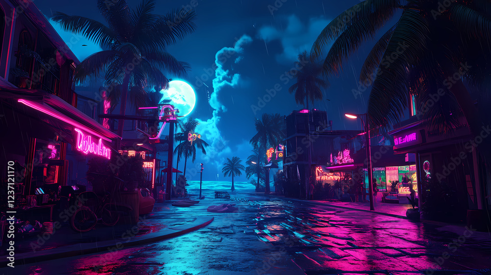 Φωτογραφία Synthwave retro tropical beach town, neon light, night street, cyberpunk futuristic background, shops, palms, sea coast, neon vaporwave illustration