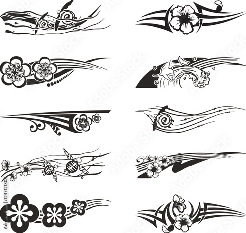 Sea animals and tropical flowers vector tribal designs, great for vehicle and boat graphics, decals, stickers, T-shirts, signs. Black and white graphics, ready for vinyl cutting. Summer exotic theme.