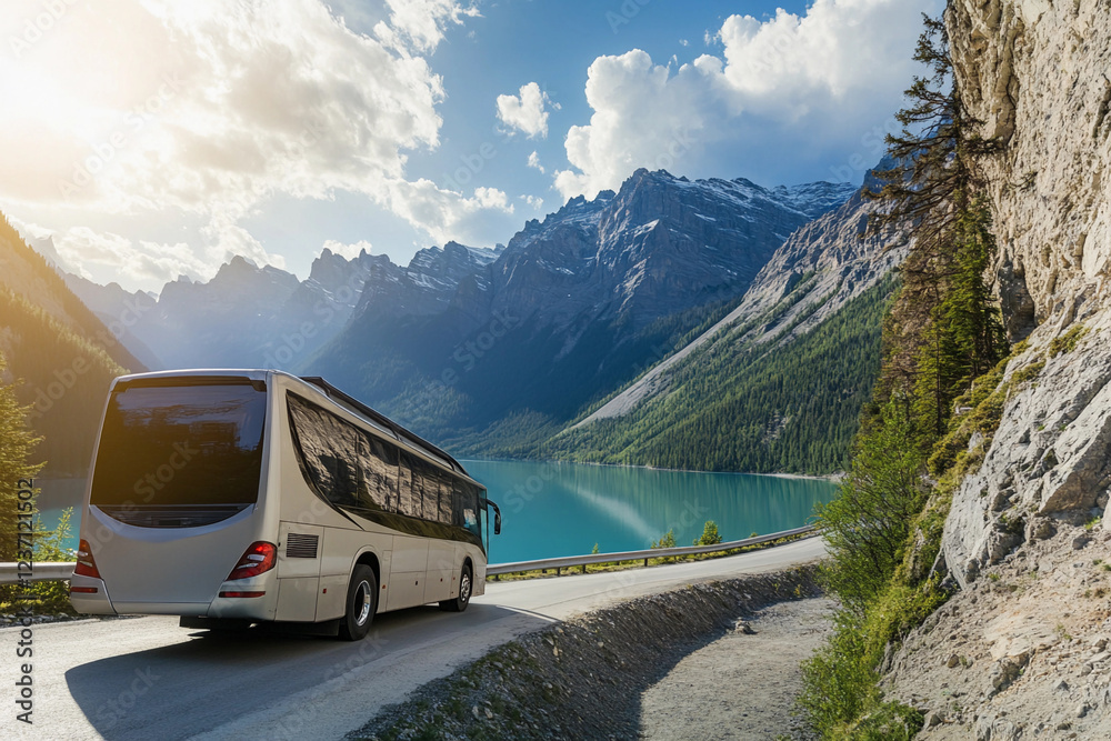 Scenic mountain road with a touring bus by the lake Scenic mountain road with a touring bus by the lake