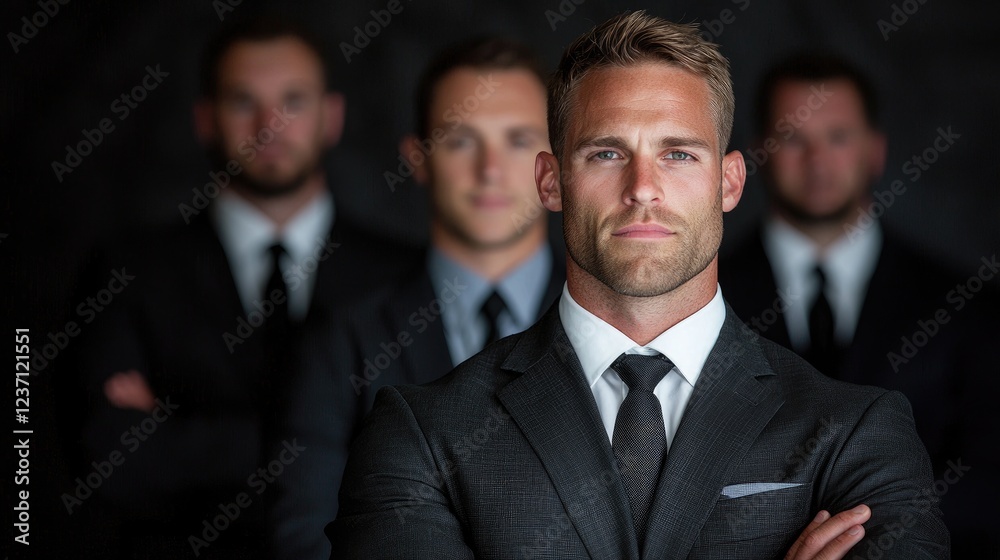 Confident leader with team, dark background, corporate success Confident leader with team, dark background, corporate success