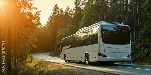 Scenic bus journey through a forested landscape at sunset