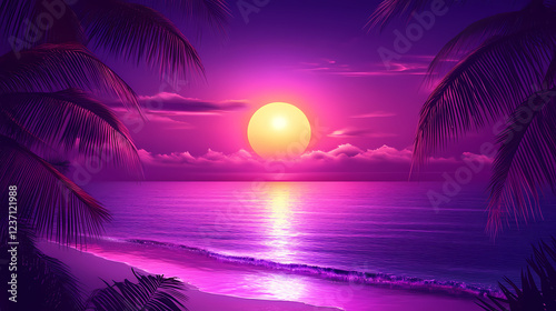 Vaporwave neon palm with sun and tropical beach. violet pink miami ocean, summer and glow sky. holographic retro cyberpunk paradise. exotic poster. Vaporwave Neon. Illustration
