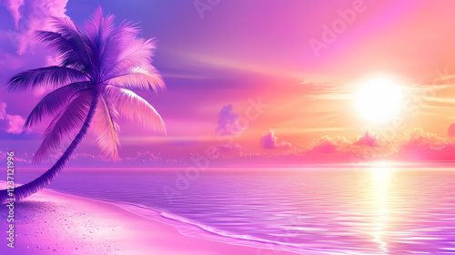Vaporwave neon palm with sun and tropical beach. violet pink miami ocean, summer and glow sky. holographic retro cyberpunk paradise. exotic poster. Vaporwave Neon. Illustration