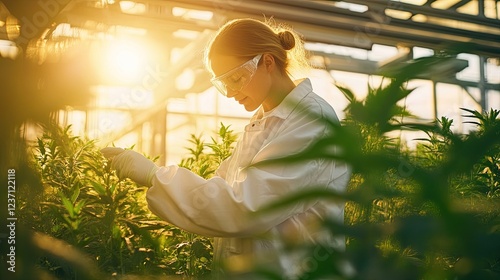 Woman Scientist Examining Cannabis Plants in Greenhouse