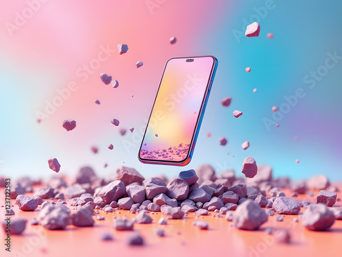 BlossomingTech: Floating Smartphone in a Vibrant Pink Floral Dreamscape Design photo