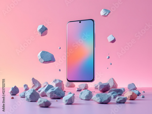 BlossomingTech: Floating Smartphone in a Vibrant Pink Floral Dreamscape Design photo