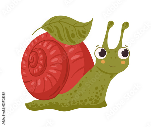 Cute cartoon snail character. Garden gastropod snail, slow little slug inside spiral snail shell flat vector illustration. Colorful snail mascot