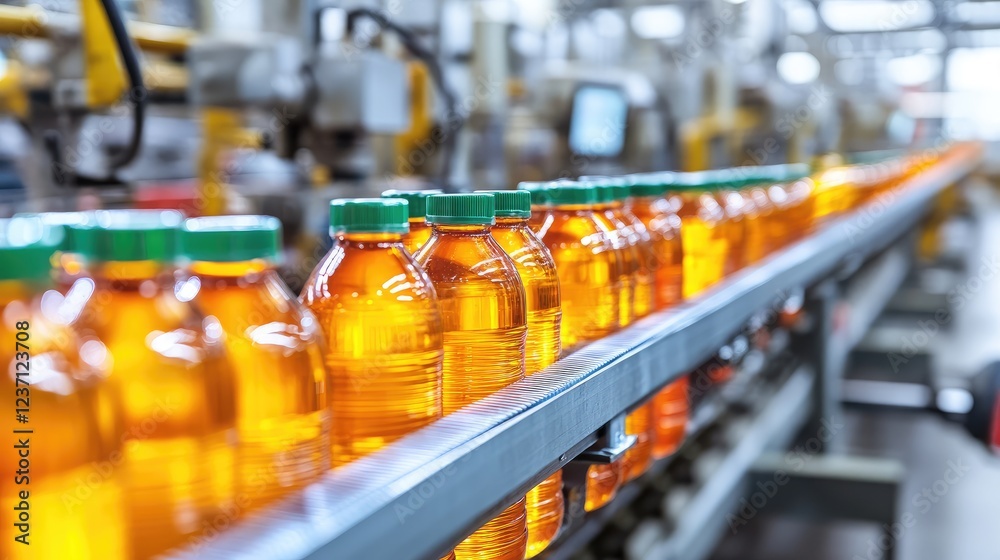 Orange juice bottles moving on a conveyor belt Orange juice bottles moving on a conveyor belt