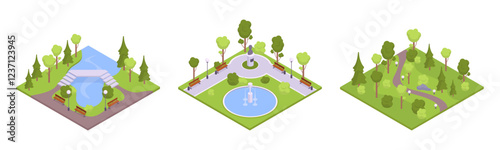Isometric city park elements. Urban parklands with benches and trees, modern urban parks 3d vector illustration set. City parkland environment