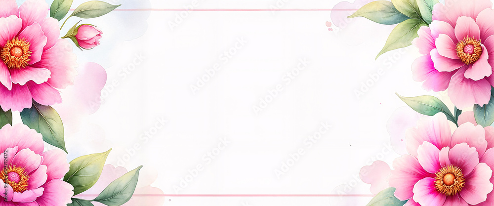 Watercolor pink peony flowers border, copy space. Clipart for cards, wedding designs, stationery, feminine blogs, and websites.