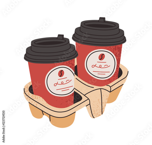 Paper coffee cups. Coffee shop take out hot coffee cups, invigorating morning beverages in disposable packaging flat vector illustration. Hot coffee cups