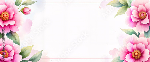 Watercolor pink peony flowers border, copy space. Clipart for cards, wedding designs, stationery, feminine blogs, and websites.