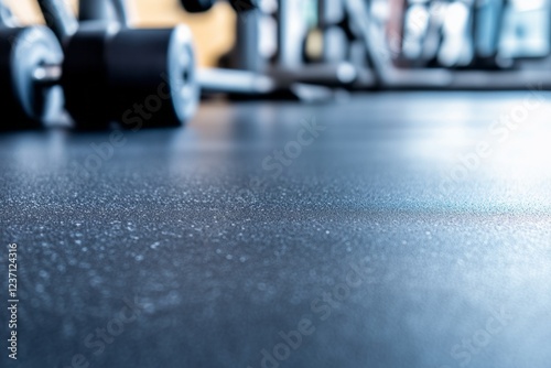 Rubber gym flooring with fitness equipment, ensuring durability, safety, and shock absorption for workouts. photo